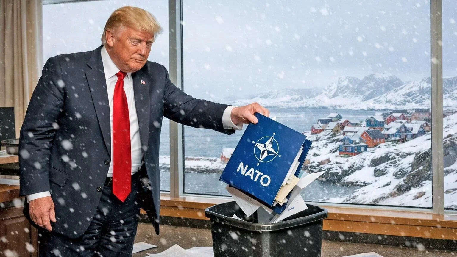 Дональд Трамп выкидывает папку НАТО в мусорку на фоне заснеженного фьорда