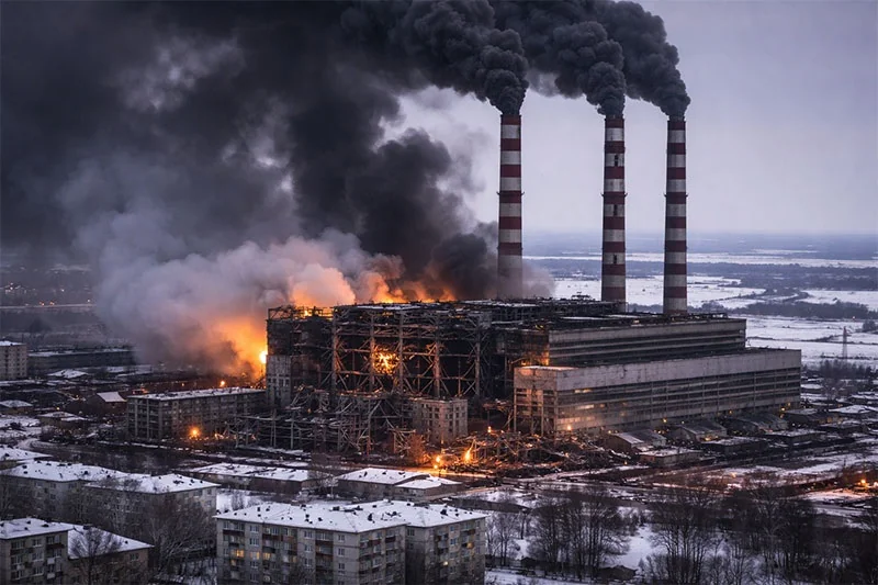 Палаюча Славянська ТЕС у Николаївці Донеччини після російських обстрілів з димом з димарів.