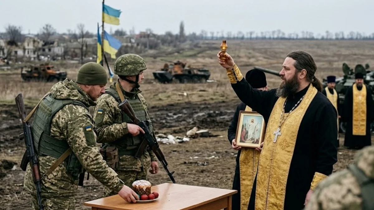 Священник освячує пасхальний кулич для захисників ЗСУ на фронті під час пасхального перемиря.