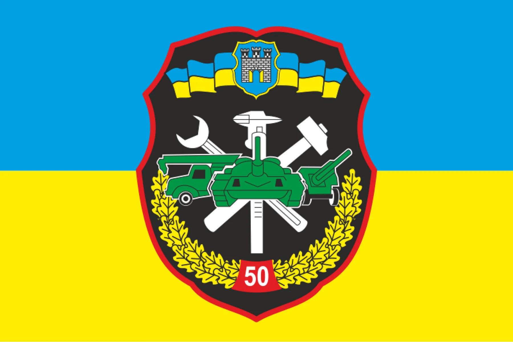 Эмблема частного ОПК Украины с мощностями на 50 млрд долларов на флаге