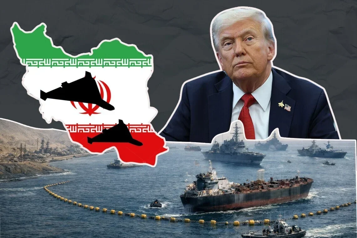Дональд Трамп на тлі ВМС США, що блокують Ормузську протоку біля Ірану