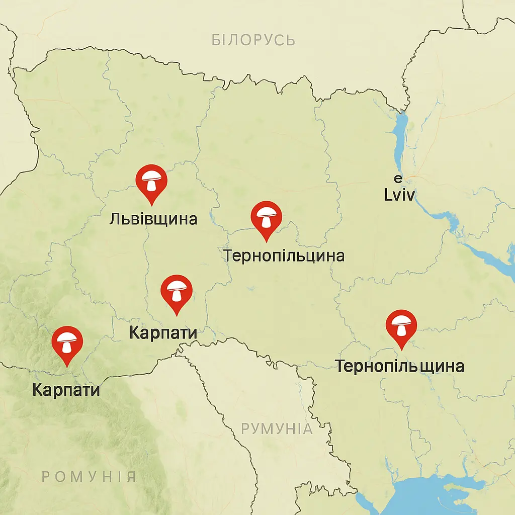 Інтерактивна карта затримань уклонистів у Карпатах з іконками грибів біля кордону з Румунією