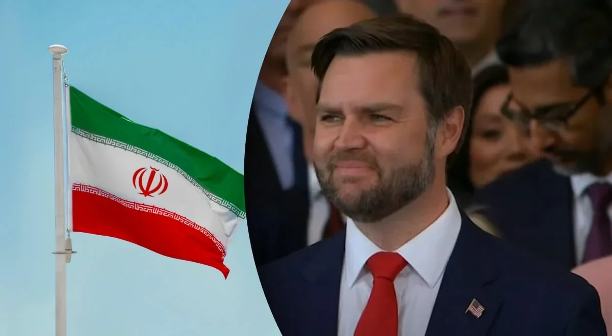 Віце-президент США Джей Ді Ванс поруч із прапором Ірану перед переговорами в Пакистані