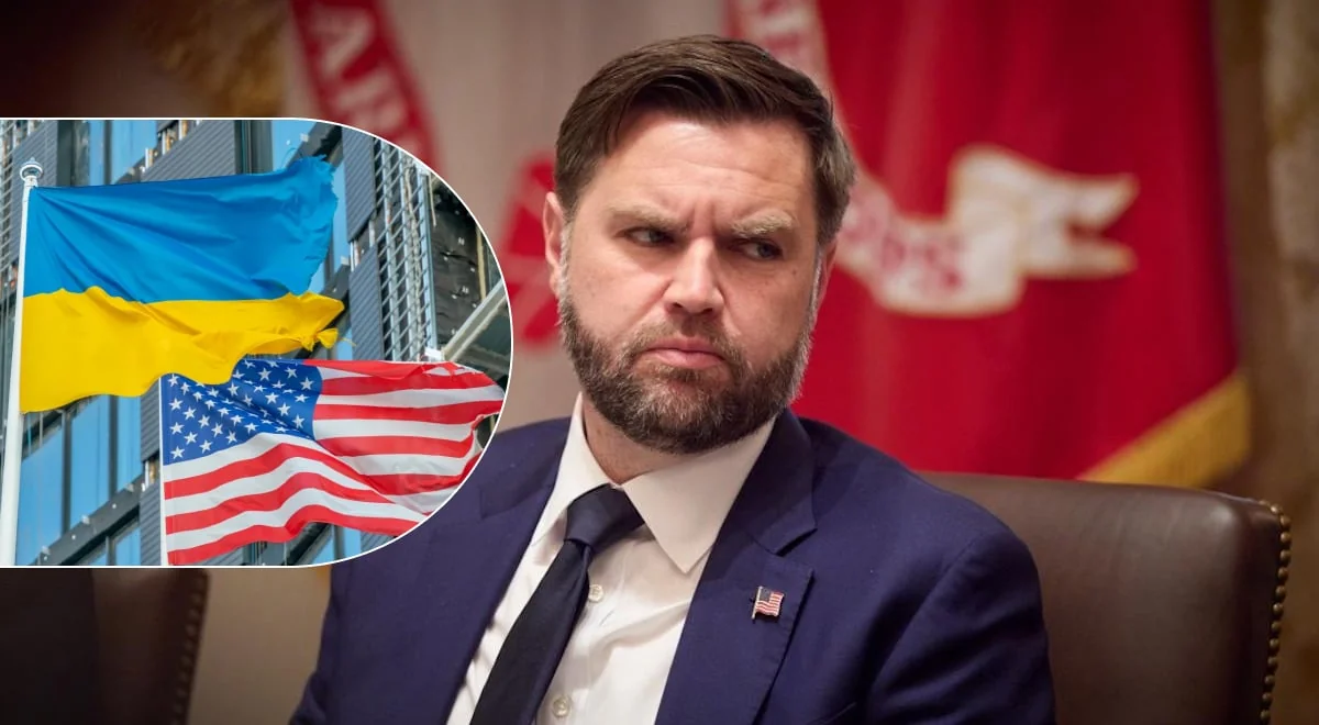Джей Ді Венс на тлі прапорів України та США щодо скасування допомоги ВСУ