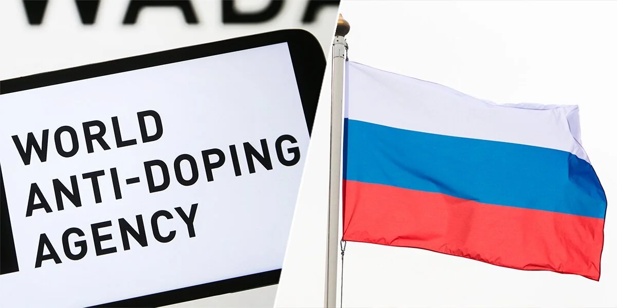Логотип WADA рядом с флагом России после допинг-расследования с 302 санкциями