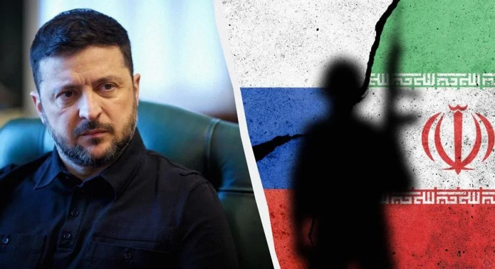 Владимир Зеленский на фоне флагов России и Ирана относительно передачи данных Израилю