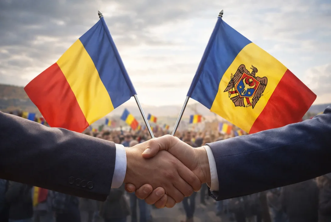 Рукопожатие на фоне флагов Румынии и Молдовы, символ объединения