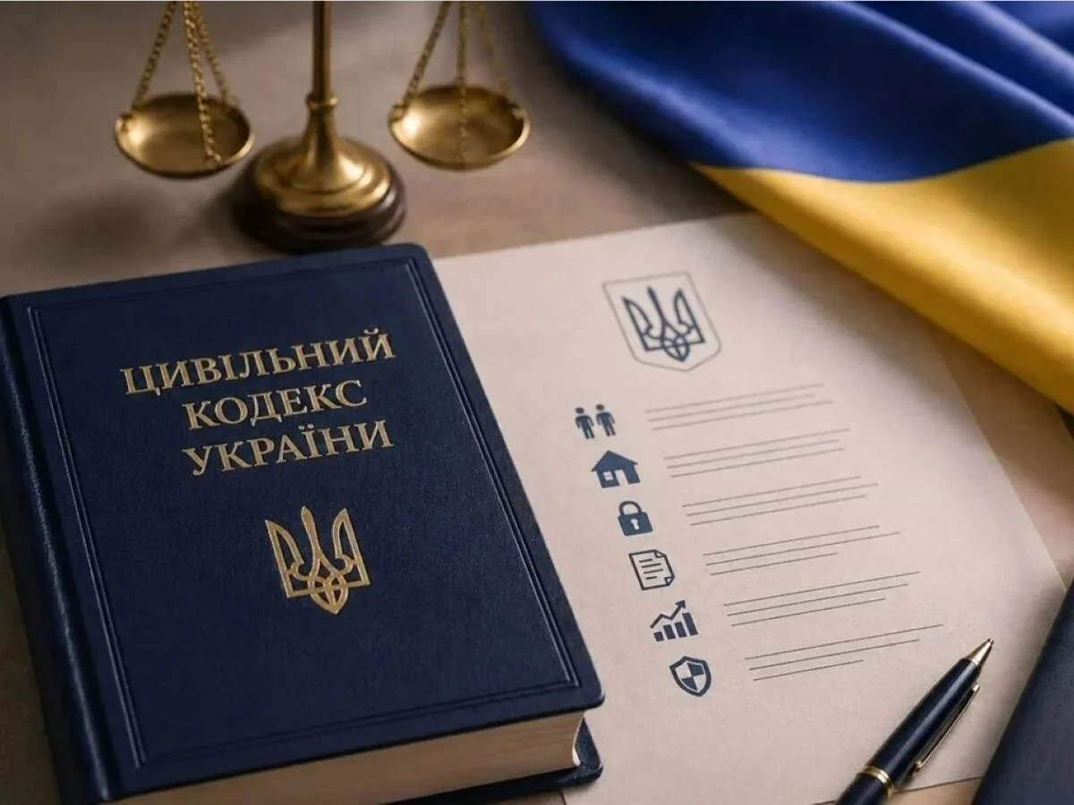 Гражданский кодекс Украины с весами правосудия и флагом на фоне документа