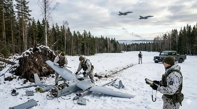 Фінські військові демонтують уламки дрона на снігу в хвойному лісі Коаліції дронів