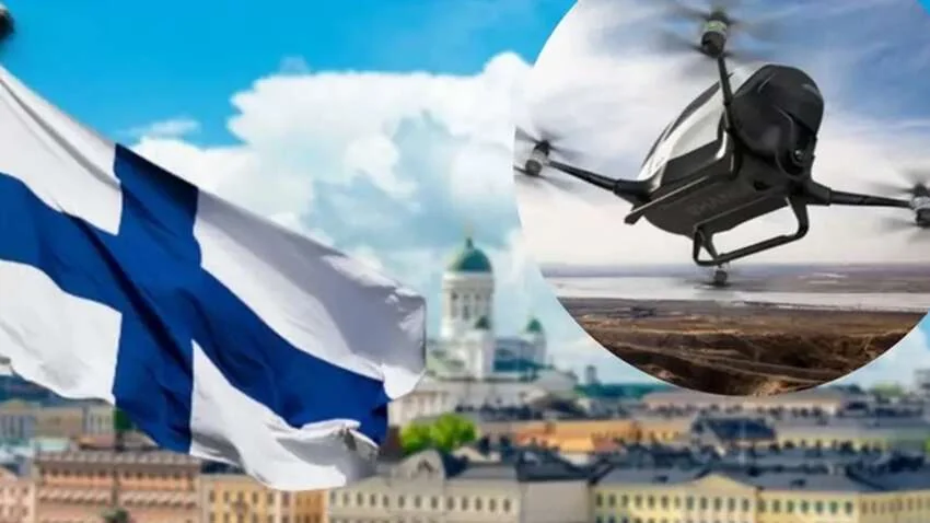 Фінський прапор з дроном на тлі Гельсінкі для Коаліції дронів