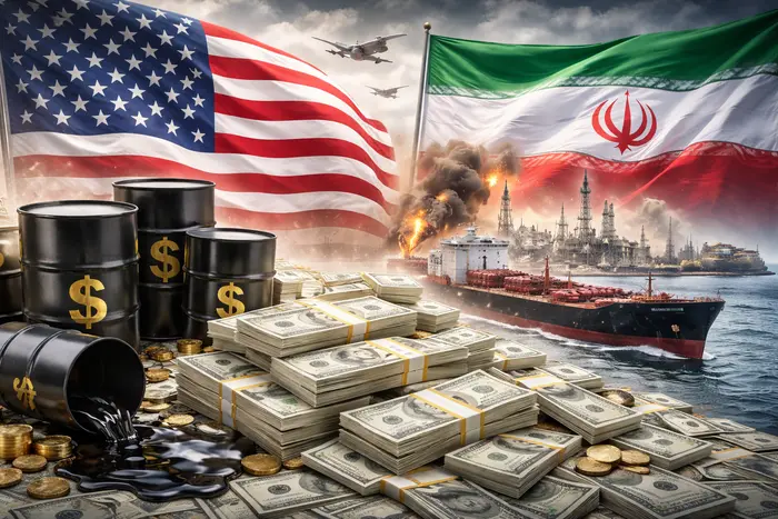 Блокада США портов Ирана: бочки нефти, доллары и танкер на фоне флагов и огня
