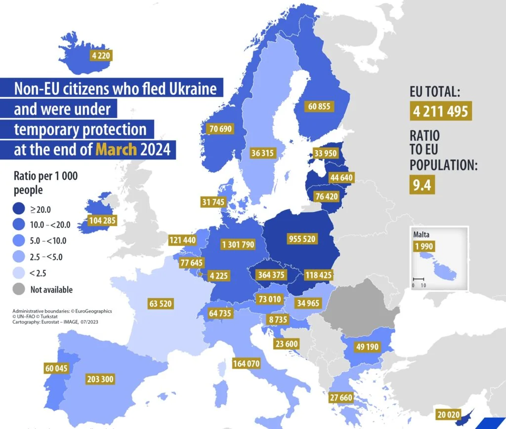Карта розподілу українців з тимчасовим захистом у країнах ЄС на березень 2024