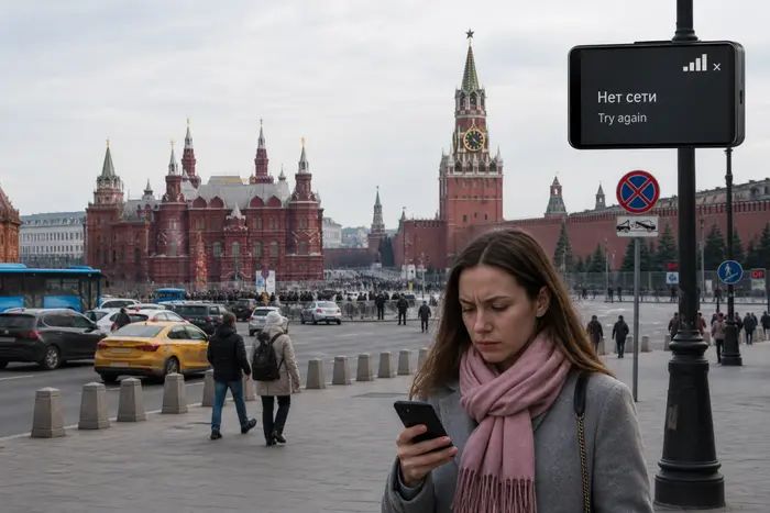 Женщина на Красной площади Москвы смотрит на телефон с «Нет сети» перед парадом 9 мая