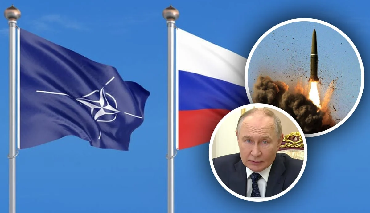 Путін біля прапорів НАТО та Росії з ракетним запуском