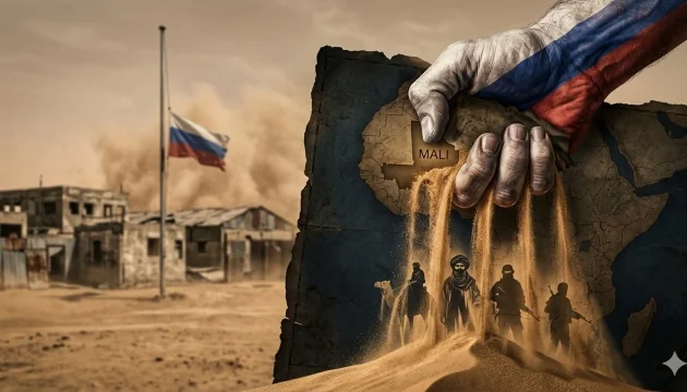 Русская рука сжимает Африку с Мали, песок сыплется, символизируя дефицит РФ.