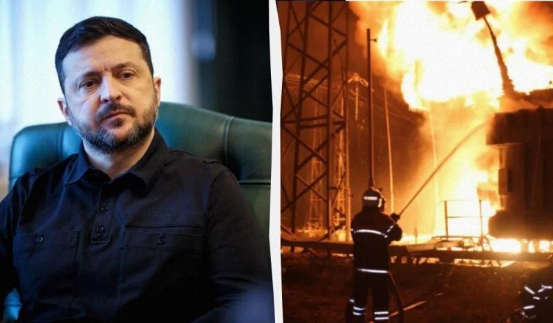 Володимир Зеленський поруч із палаючою російською нафтовою інфраструктурою від українських ударів