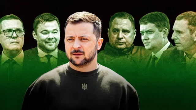 Володимир Зеленський на тлі Андрія Богдана та чотирьох осіб під санкціями