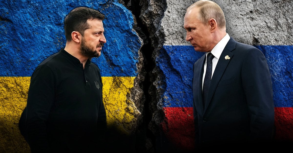 Зеленський і Путін розділені тріщиною між прапорами України та Росії