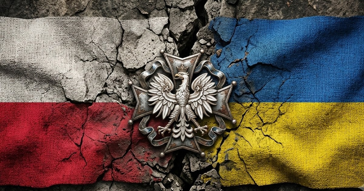 Прапори Польщі та України з орлом на тріснутому тлі