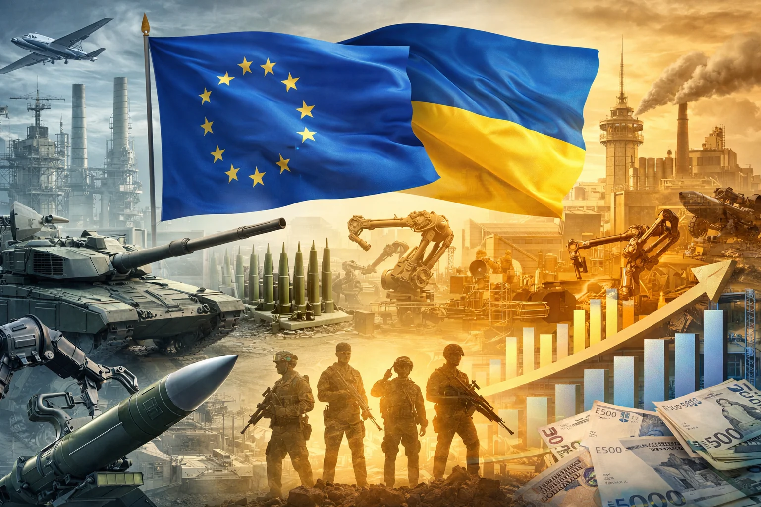Британия присоединяется к оборонной программе ЕС для Украины на 90 млрд евро Флаги ЕС и Украины на фоне оборонной промышленности и экономического роста