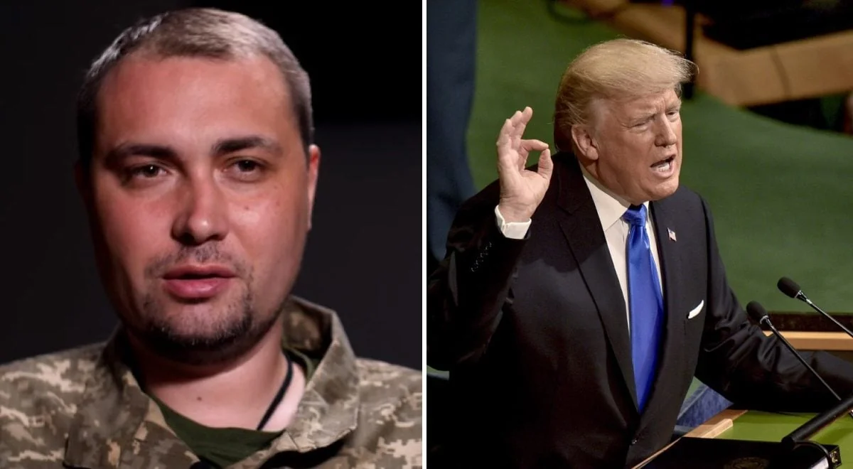 Кирило Буданов у камуфляжі та Дональд Трамп на трибуні щодо перемог України