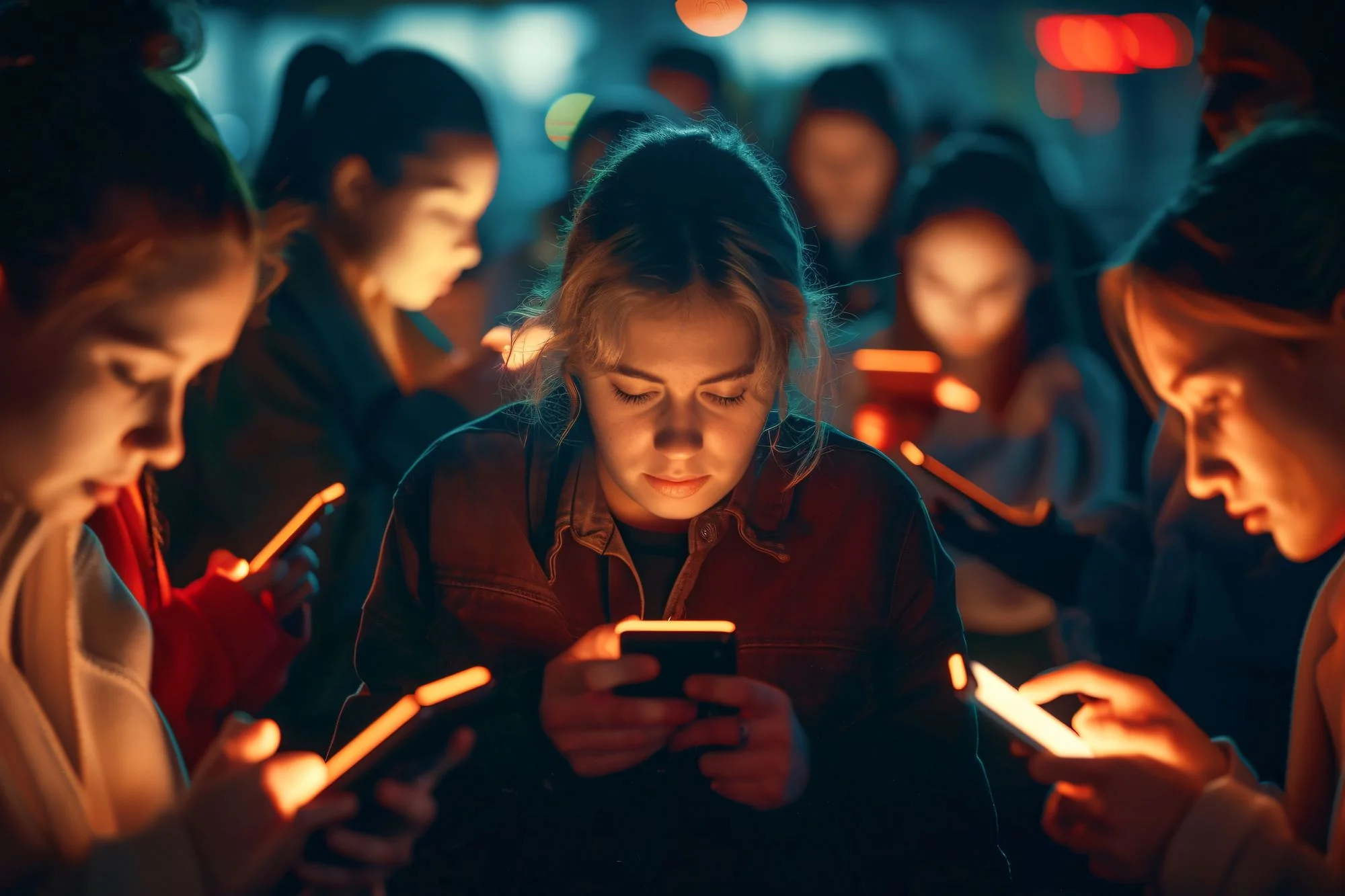 Подростки зависимо просматривают Instagram и Facebook на смартфонах в темноте