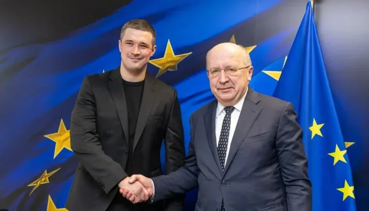 Андрюс Кубилюс пожимает руку украинскому представителю на фоне флагов ЕС
