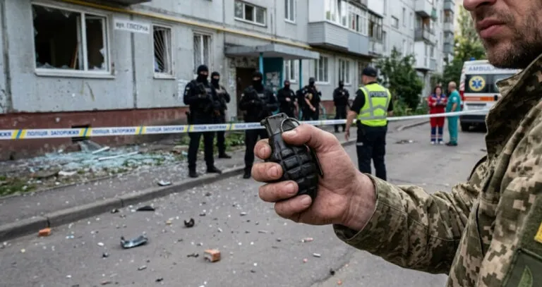 Військовий у СЗЧ тримає гранату на місці вибуху в Одещині