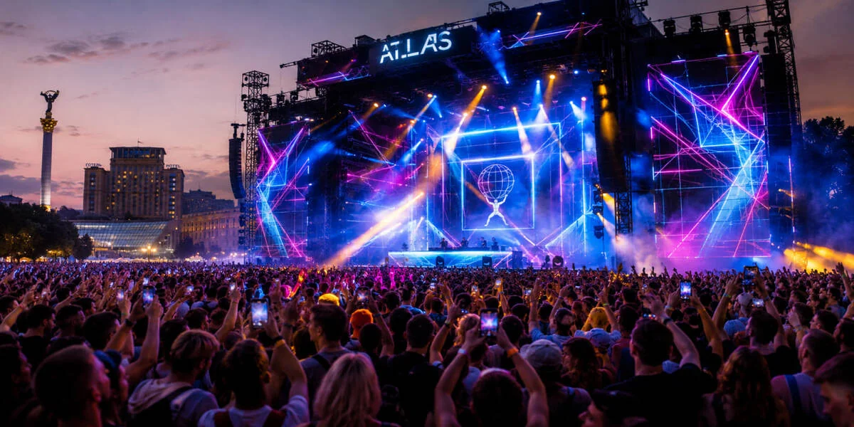 Сцена ATLAS FESTIVAL с лазерным шоу и толпой зрителей в Киеве