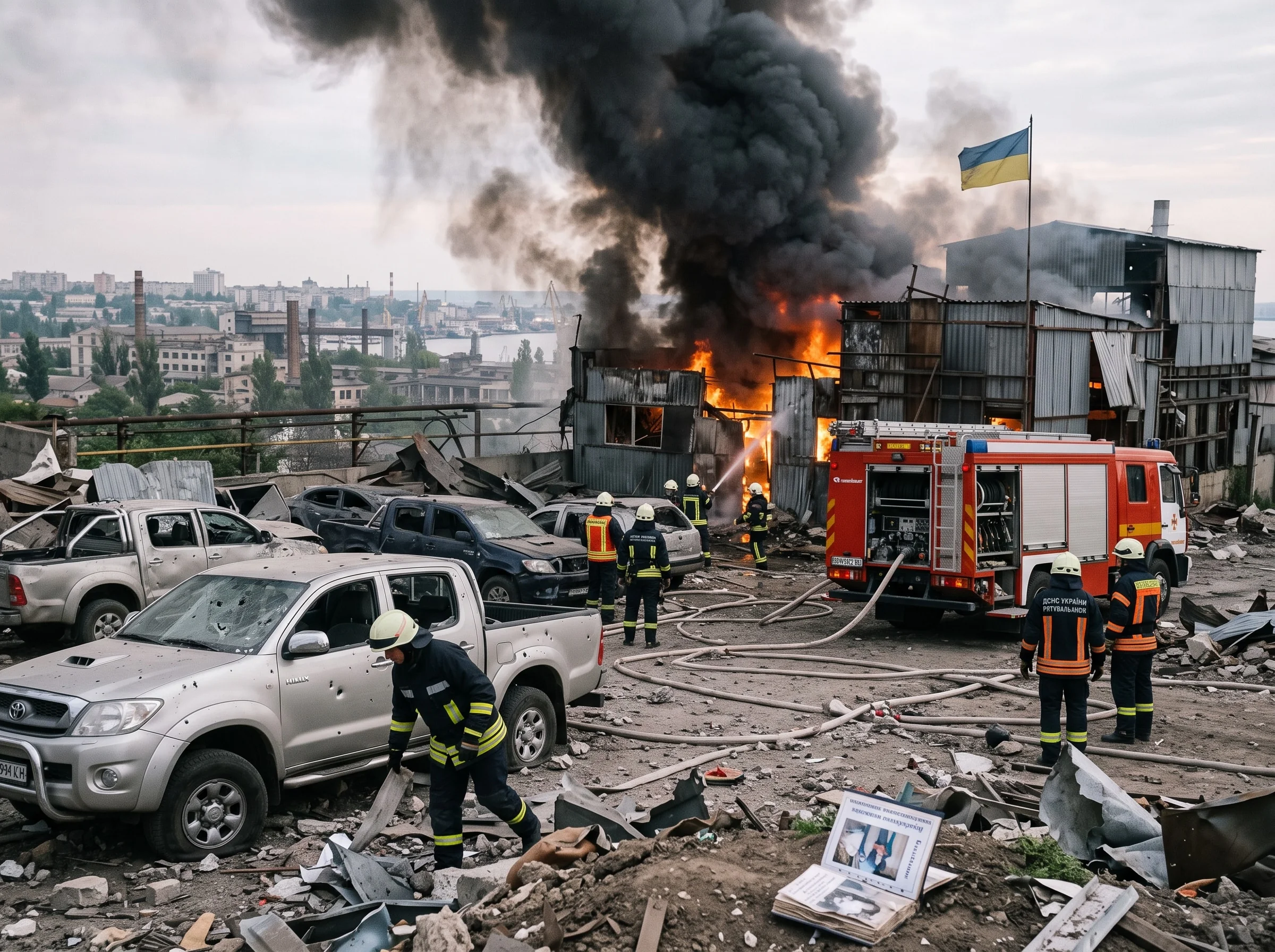 Пожежники на місці руйнувань після ракетного удару по Одесі