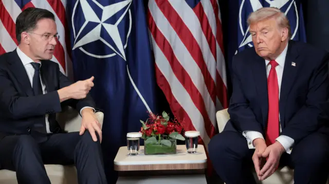 Марк Рютте та Дональд Трамп під час зустрічі на тлі прапорів НАТО