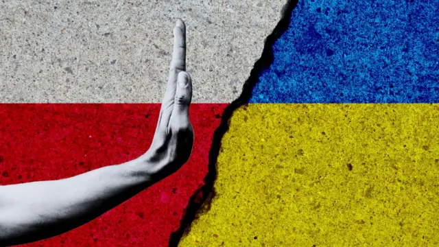 Рука зупиняє розбрат між Польщею та Україною на тлі прапорів