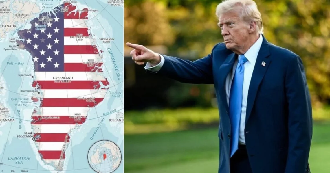 Дональд Трамп вказує на Гренландію з прапором США на карті