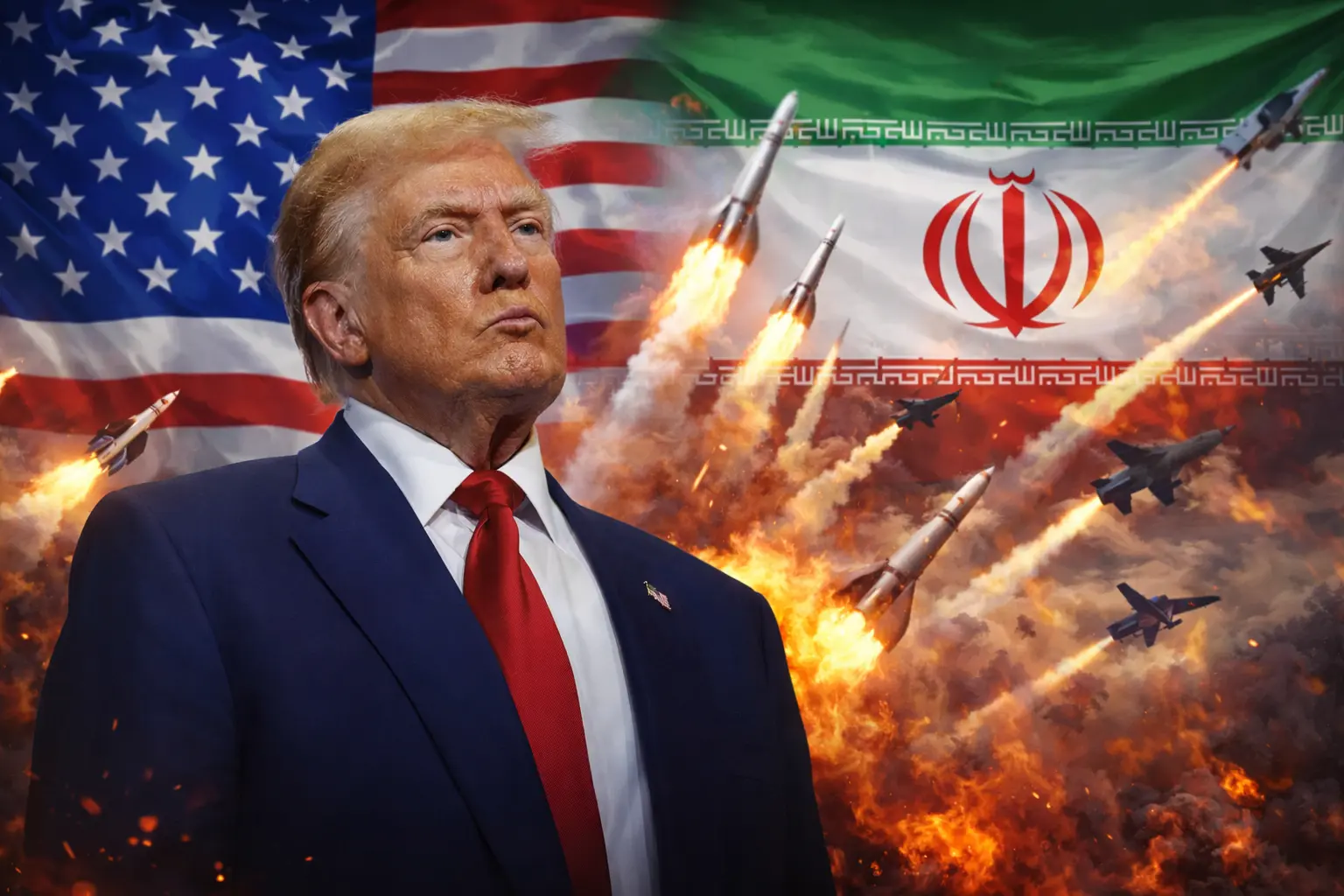 Дональд Трамп на фоне флагов США и Ирана с ракетами и взрывами