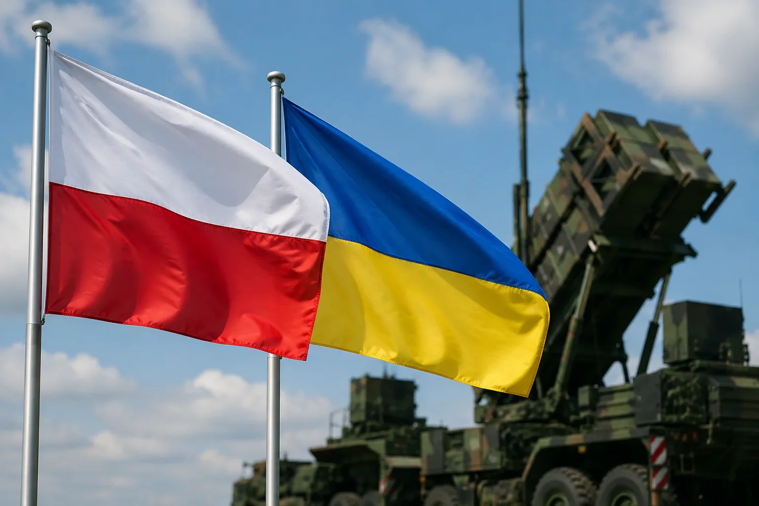 Флаги Польши и Украины на фоне системы Patriot, переданной Украине