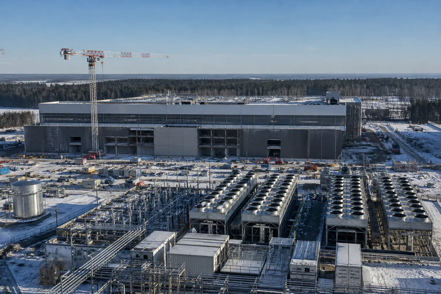 Будівництво великого дата-центру в снігу з рядами охолоджувачів і краном біля лісу