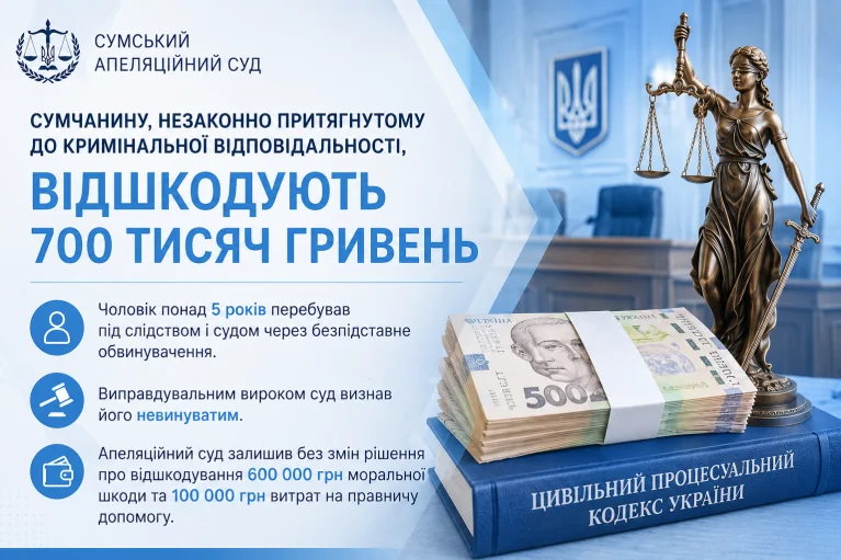 Інфографіка з Фемідою, стопкою гривень і Цивільним процесуальним кодексом України