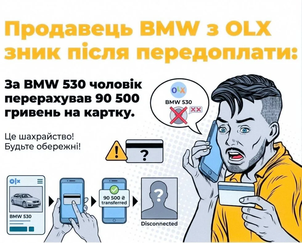 Ілюстрація шахрайства на OLX: чоловік переказав 90500 грн за BMW 530 і продавець зник