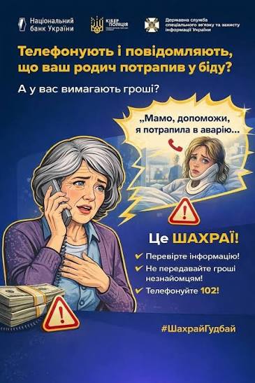 Офіційний плакат кіберполіції: стурбована пенсіонерка з готівкою слухає дзвінок про аварію