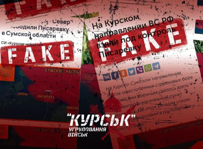 Колаж фейкових російських новин про Писарівку зі штампами FAKE та картою Сумського напрямку