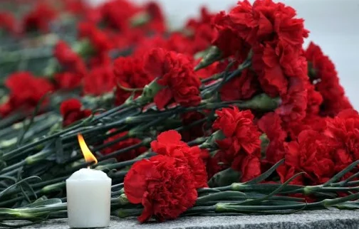Червоні гвоздики та запалена біла свічка на кам’яній поверхні